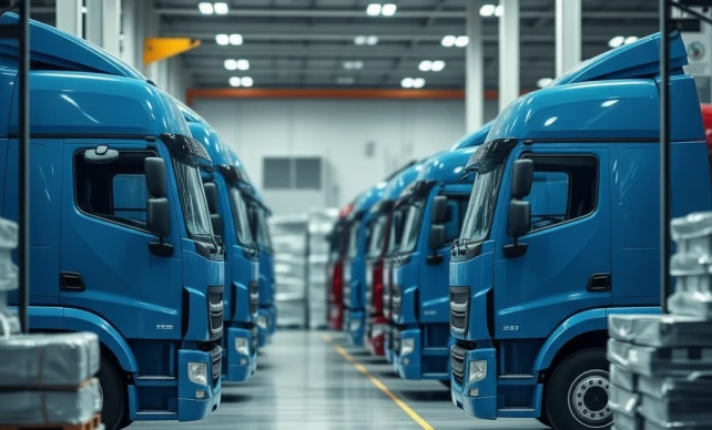 Fila de caminhões azuis estacionados em galpão logístico, representando operação de frota pesada e organização no transporte rodoviário.