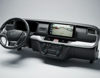 Painel automotivo completo com volante, central multimídia e comandos internos, representando conjunto de cabine para veículo pesado.