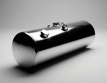Tanque automotivo cilíndrico metálico isolado em fundo claro, representando componente de armazenamento para veículo pesado.